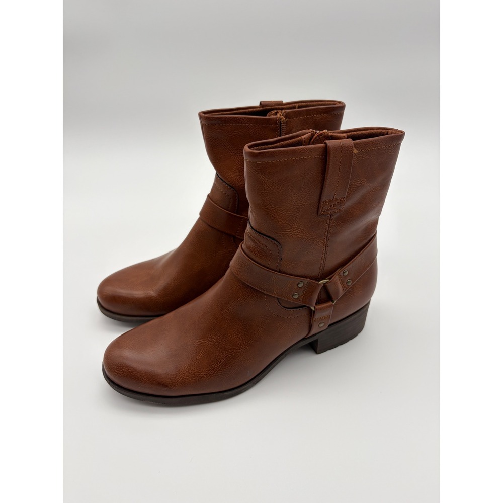Frye and Co Jacy Harness Ankle Boots Cognac Brown Faux Leather Side Zip Low Heel